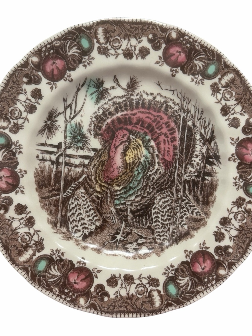 Johnson Brothers Brown Turkey Transferware Plate Teal and Pink Accents Set 2